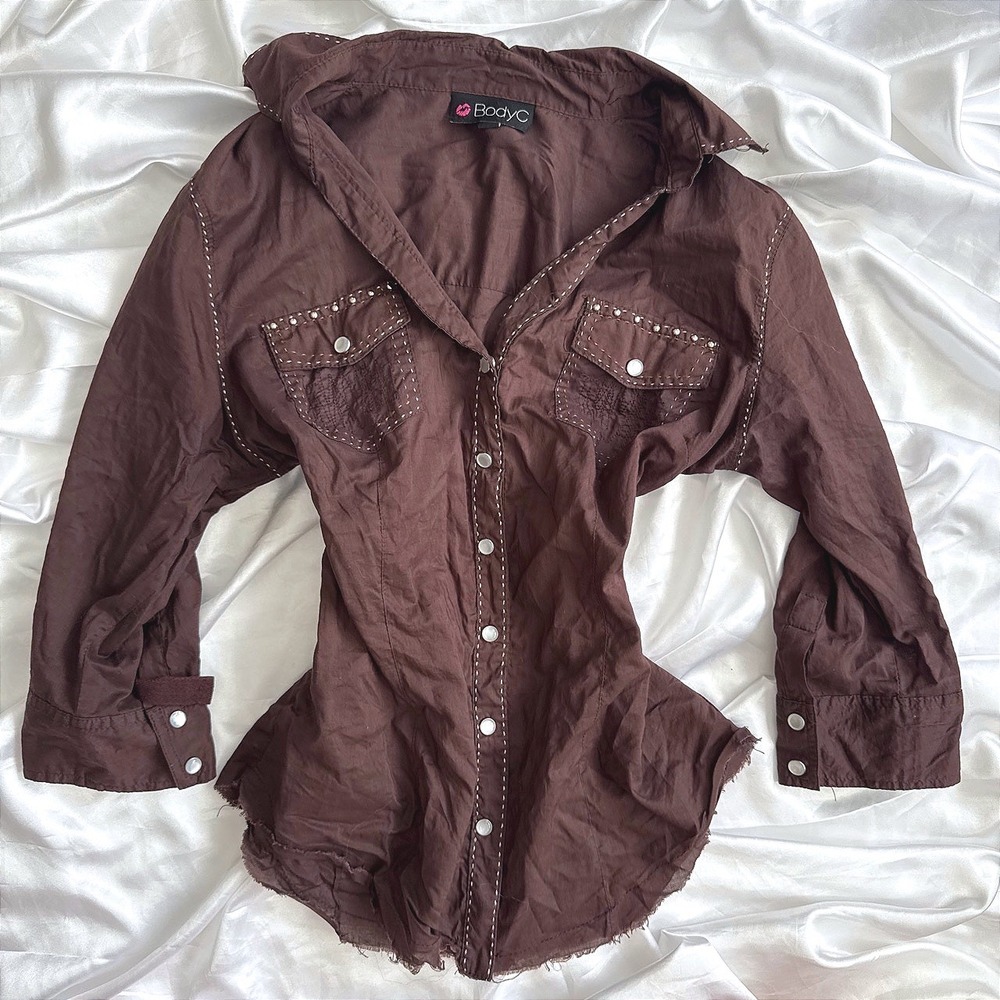 BodyC Brown Western Snap Button Shirt Distressed Raw Hem Studded Cotton Large